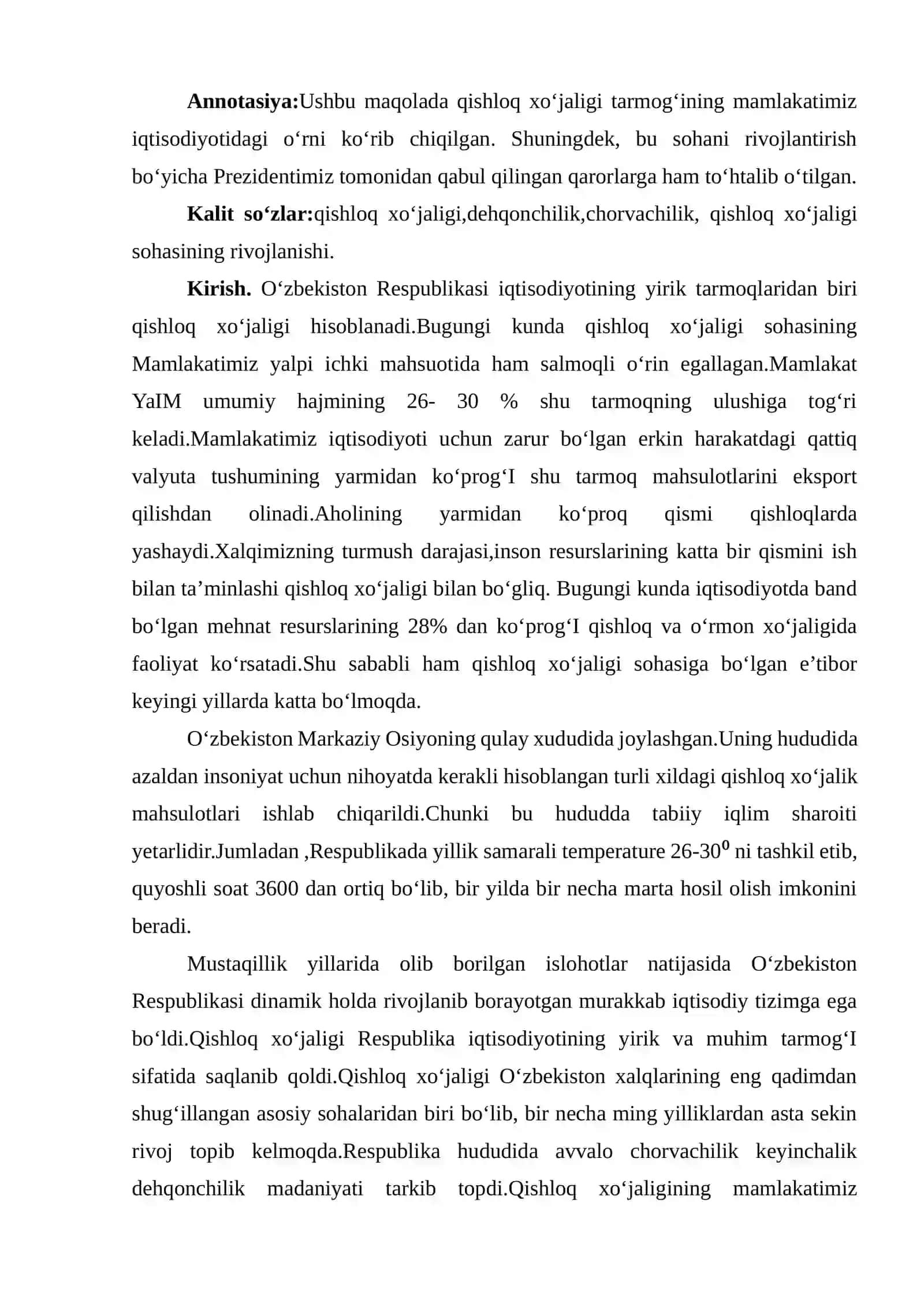 Qishloq xo‘jaligi tarmog‘ining respublika iqtisodiyotidagi o‘rni mavzusida tayyor mustaqil ish 3