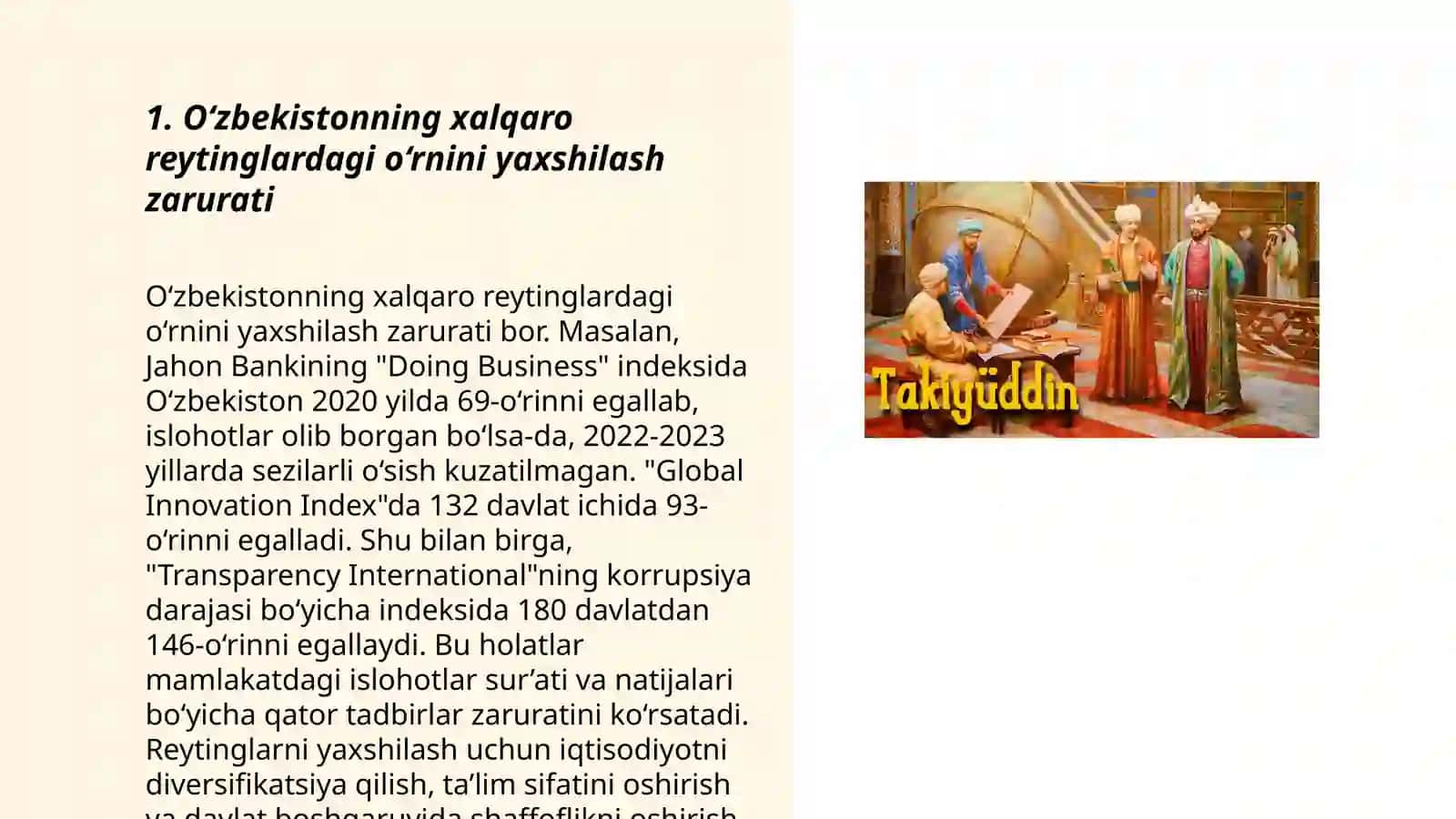 O‘zbekistonni halqaro reytinglardagi ko‘rsatgichlarini ko‘tarishning tarixiy va siyosiy ahamiyati 3
