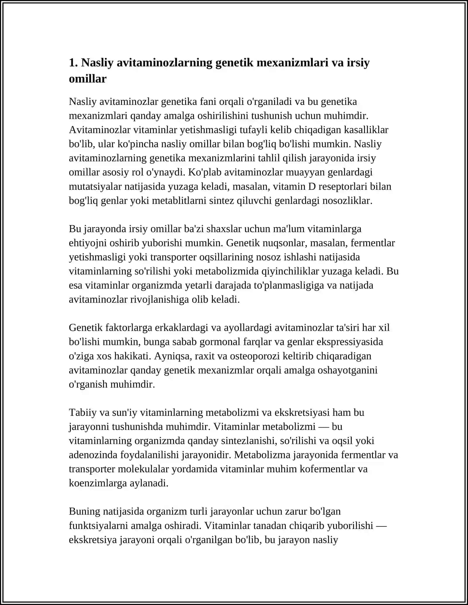 NASLIY AVITOMINOZLAR.TABIIY VA SUNʼIY VITAMINLARNI METABOLIZMI VA EKSKRETSIYALANISHI. RAXIT VA OSTEOPOROZ PATOGENEZI VA DAVOLASH USULLARI 3
