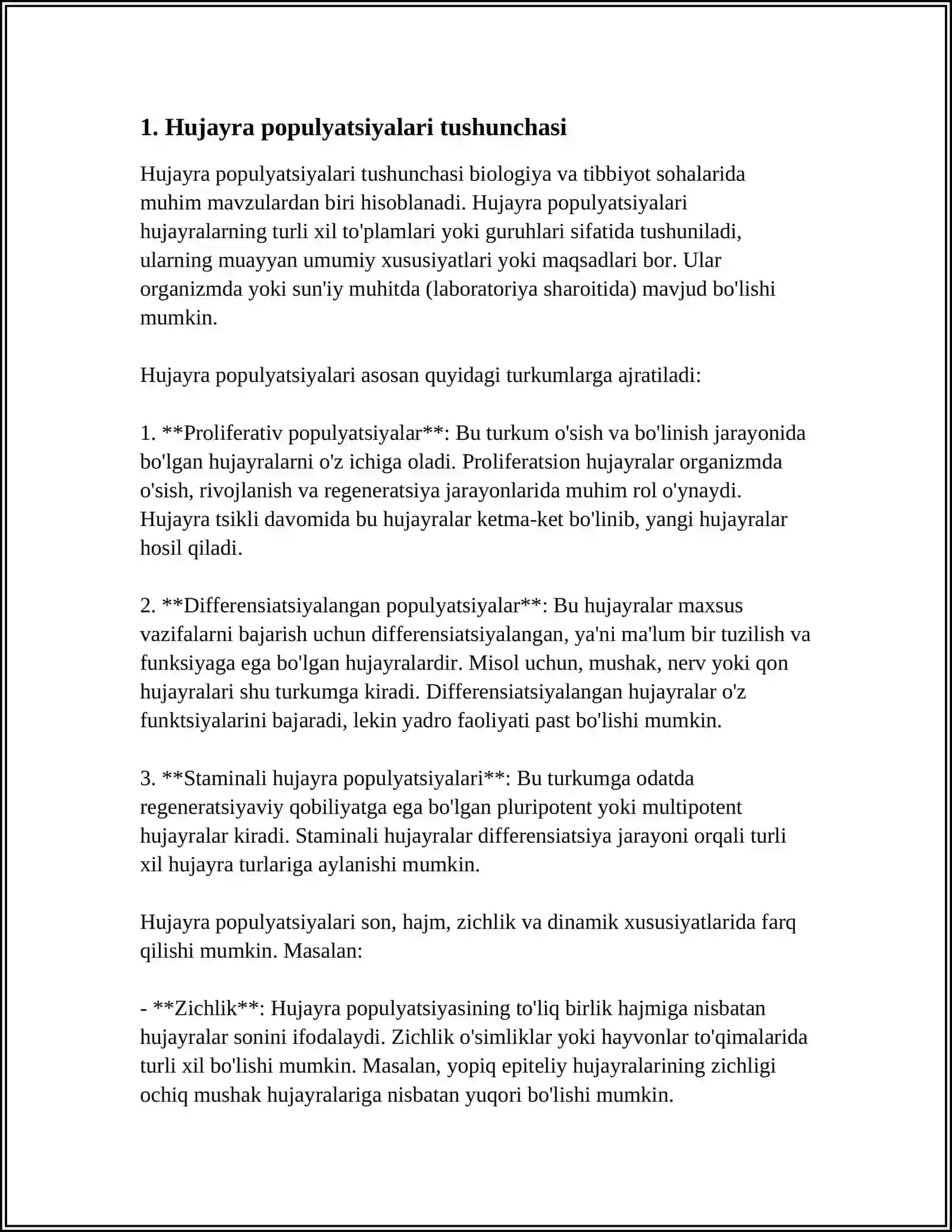 HUJAYRA POPULYATSIYALARINING TURLARI: STATIK, OʻSUVCHI, YANGILANUVCHI. APOPTOZ DASTURLASHTIRILGAN HUJAYRA OʻLIMI VA MITOZNING AKSI 3