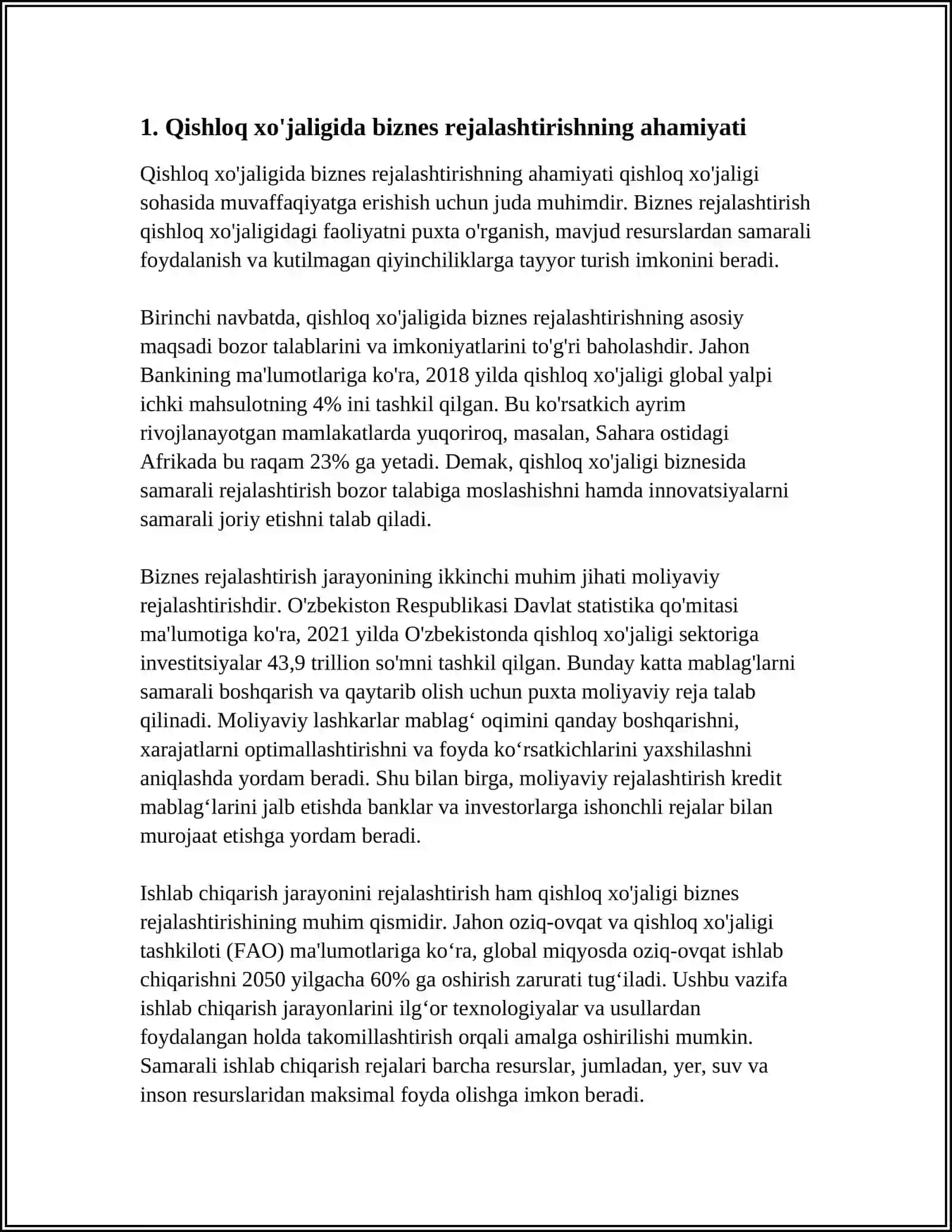 MUSTAQIL ISH Mavzu: QISHLOQ XO'JALIGIDA BI ZNESNI REJALASHTIRISHNING IQTISODIY SAMARADORLIGI 3