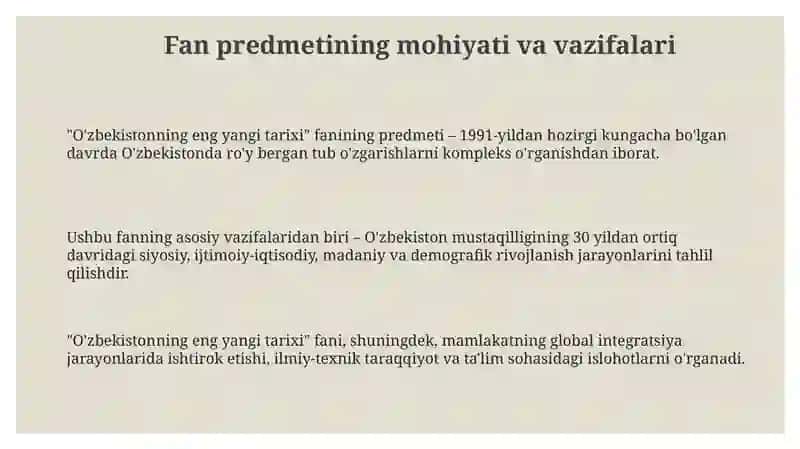 "O'zbekistonning eng yangi tarixi" õquv fanining predmeti, maqsadi va vazifalari 3