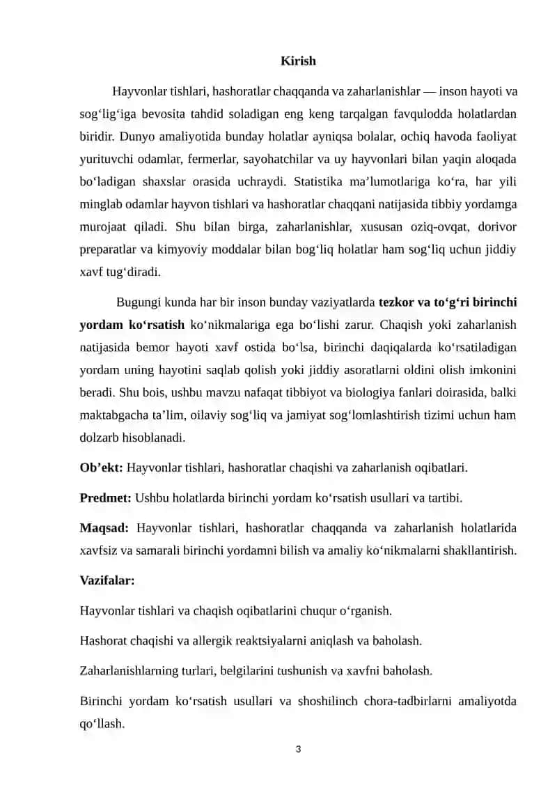 Hayvonlar tishlari, hashoratlar chaqqanda va zaharlanishda ko’rsatiladigan birinchi yordam 3