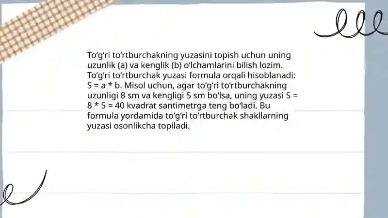 Toʻgʻri toʻrtburchak va kvadratning yuzasini topishga doir masalalar yechishga oʻrgatish 3