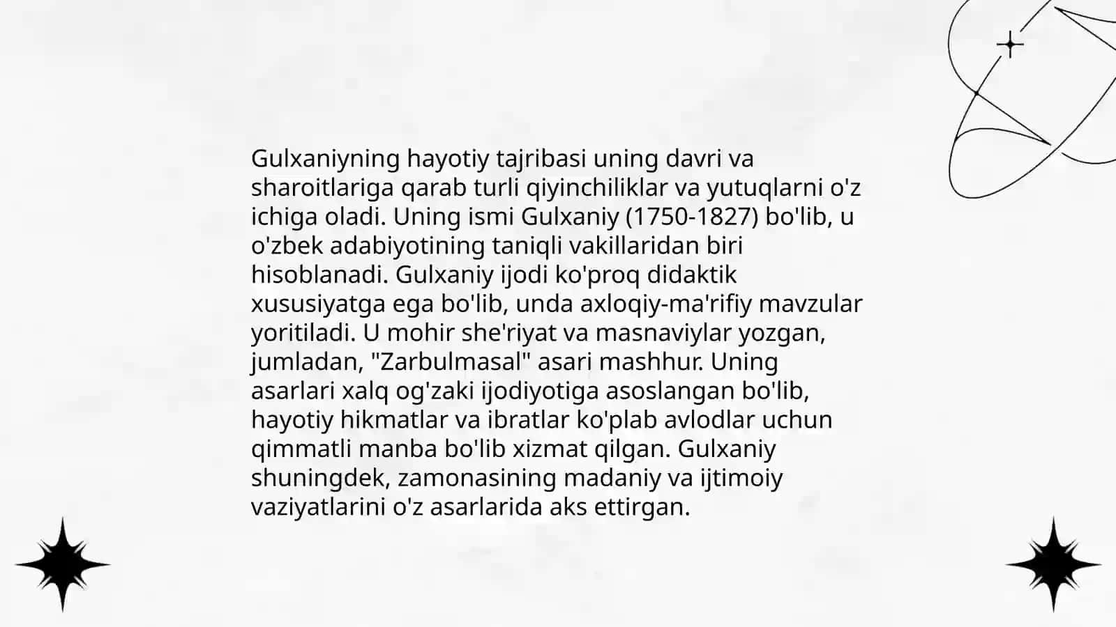 Gulxaniy hayoti va ijodi. Zarbulmasal asati tahlili 3