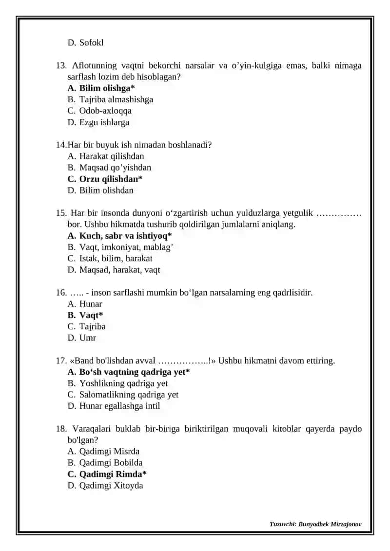 3-sinf “Tarbiya” fanidan testlar 3