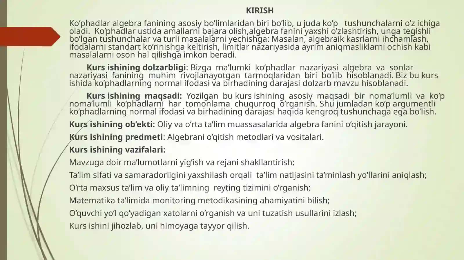 Algebra va sonlar nazariyasi fanidan “Ko’p argumentli ko’phadni normal ifodasi. Ko’p argumentli ko’phad birhadining darajasi” mavzudagi KURS ISHI 3