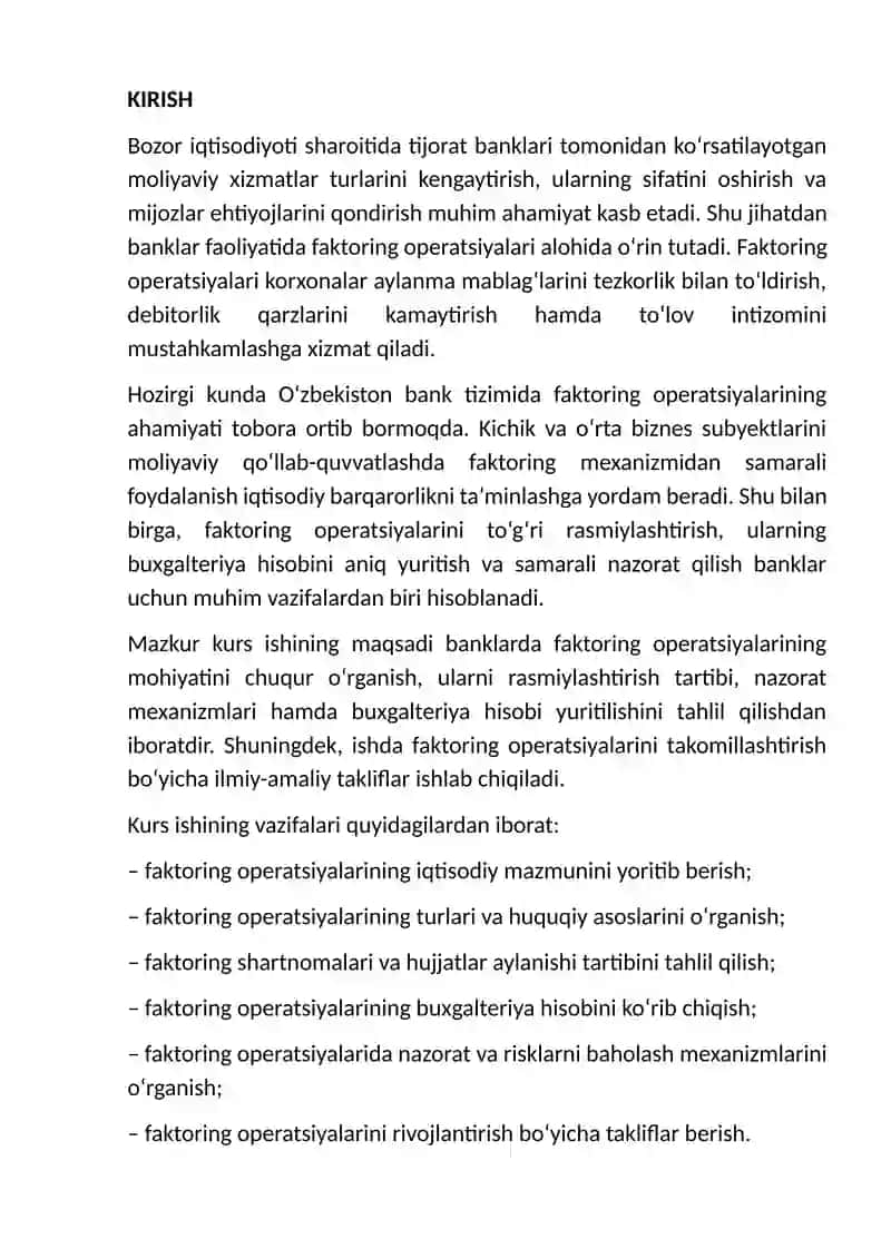 Banklarda faktoring operatsiyalari mohiyati, ularni rasmiylashtirish, nazorat qilish va hisobi. 3