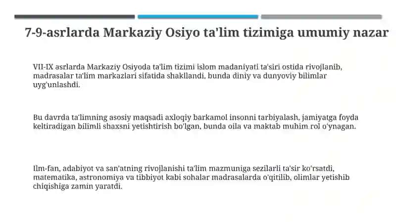 VIIasrdan IXasrning birinchi yarmigacha Oʻrta Osiyo ta'limi 3