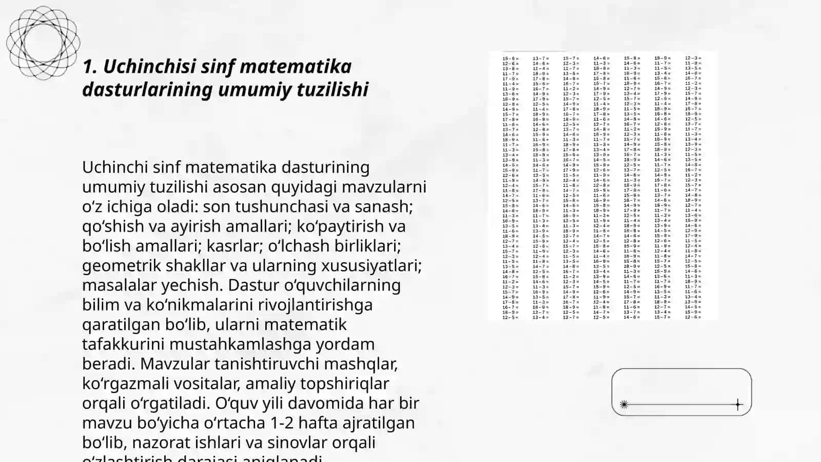 Uchinchi sinif matematika dasturlari va materallarning choraklar bo'yicha joylashuvi umumiy tahlili 3