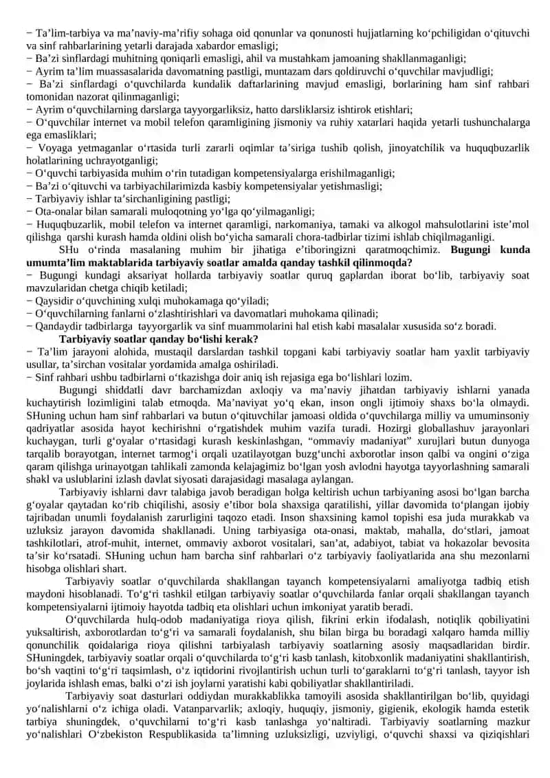 Umumta’lim maktablarida “Tarbiyaviy soat” mashg’ulotlarini tashkil etish bo’yicha o’quv-mavzu reja, o’quv dasturi hamda metodik qo’llanma (sinf rahbarlari uchun) 3