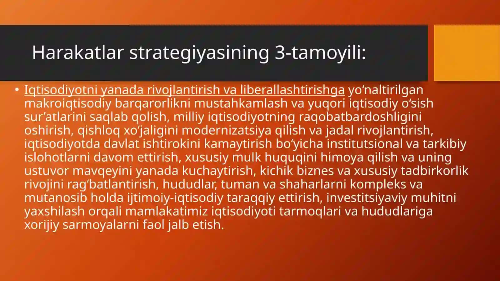 Iqtisodiyotni rivojlantirish va liberallashtirishning o’ziga xos xususiyatlari va ustuvor yo’nalishlari 3