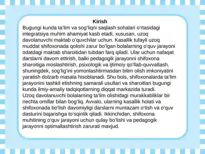 Shifoxonalarda uzoq davolanuvchi maktab oʻquvchilarni samarali taʼlimi uchun ichki sharoitlar. 3
