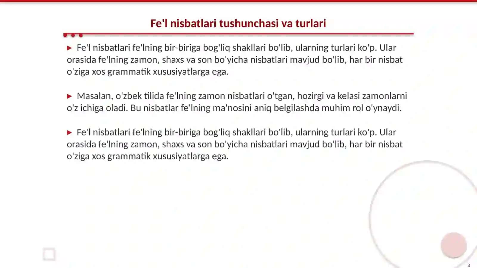 Fe'l nisbatlari fe'lning vazifadosh shaklari, fe'l mayllari, Fe'l zamonlari 3