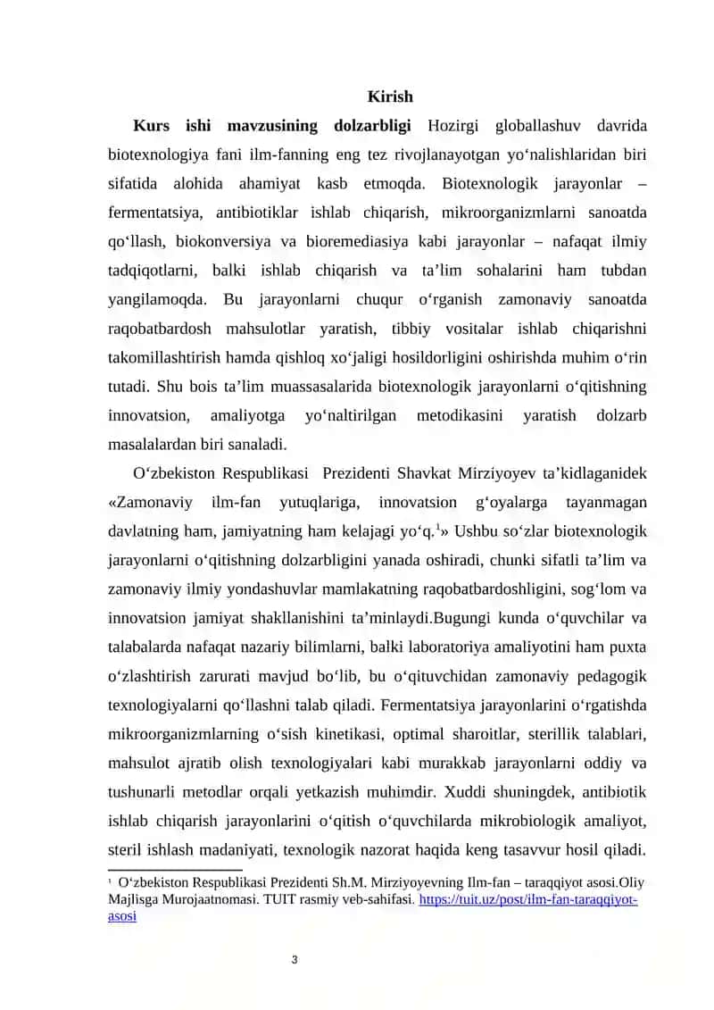 BIOTEXNOLOGIK JARAYONLARNI (FERMENTATSIYA, ANTIBIOTIK ISHLAB CHIQISH VA BOSHQALAR) O‘QITISH METODIKASI 3
