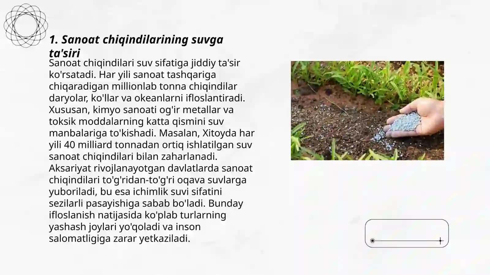 Tabiatdagi suvlarning sanoat chiqindilari pestisidlar va mineral oʻgʻitlar bilan ifloslanishi 3