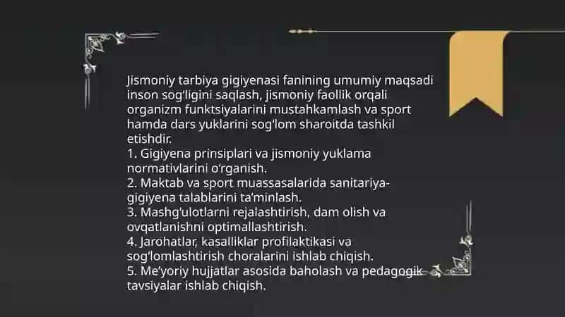 Jismoniy tarbiya gigiyenasi fanining maqsadi hamda vazifalari, o‘quv fan sifatida tutgan o‘rni 3