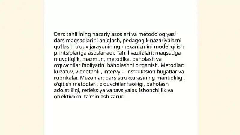 Pedagogik faoliyat turlari(dars tahlili, oʻzaro darslarga kirish va ochiq dars oʻtkazish)ni tahlil qilish 3