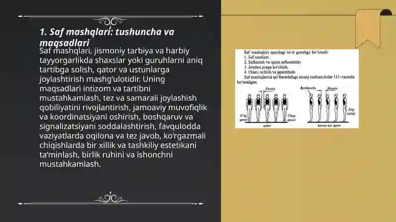 Saf mashqlari (sof usullari, saflanish va qayta saflanish)va umumrivojlantiruvchi mashqlarni oʻrganish 3