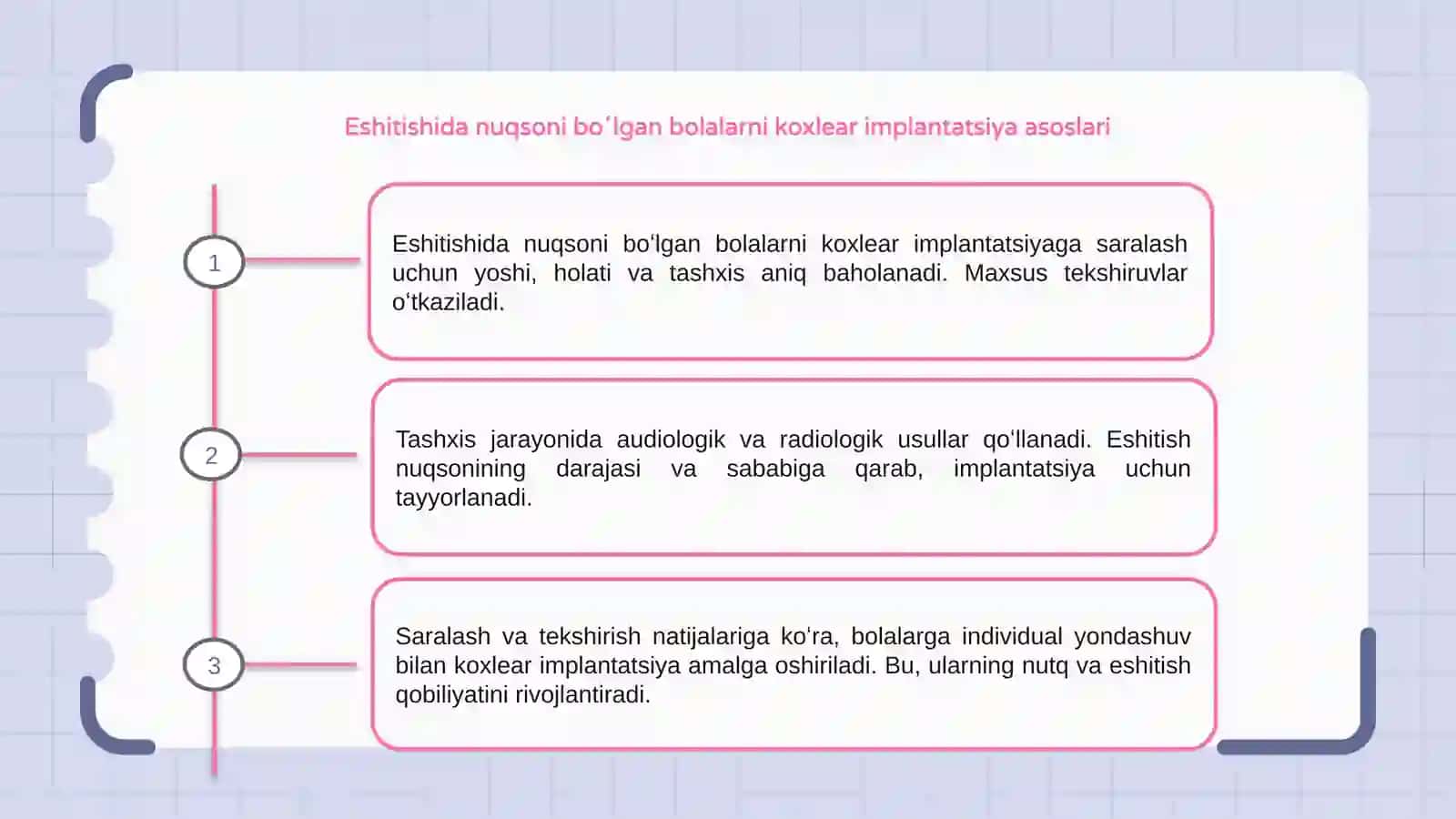 Eshitishida nuqsoni boʻlgan bolalarni koxlear implantatsiyaga saralash va tekshirish usullari 3