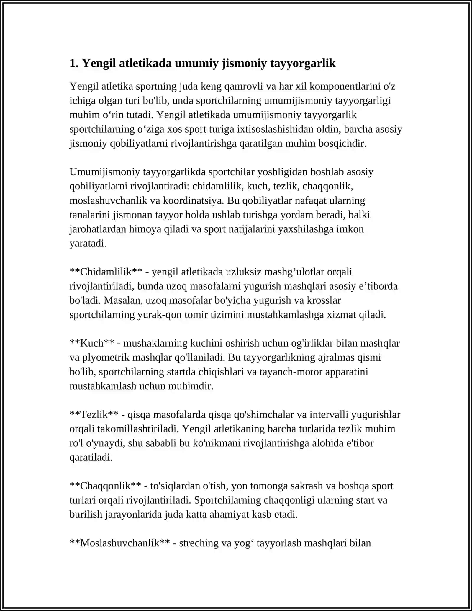 YENGIL ATLETIKADA UMUMIY TAYYORGARLIK MASHQLARI BO'YICHA MAHORATINI OSHIRISH 3