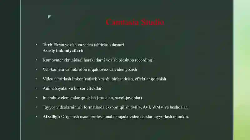 CAMTASIA STUDIO, ISPRING CAMPRO, CAPTURE, BANDICAM DASTURLARI VA ULARNING IMKONIYATLARI 3