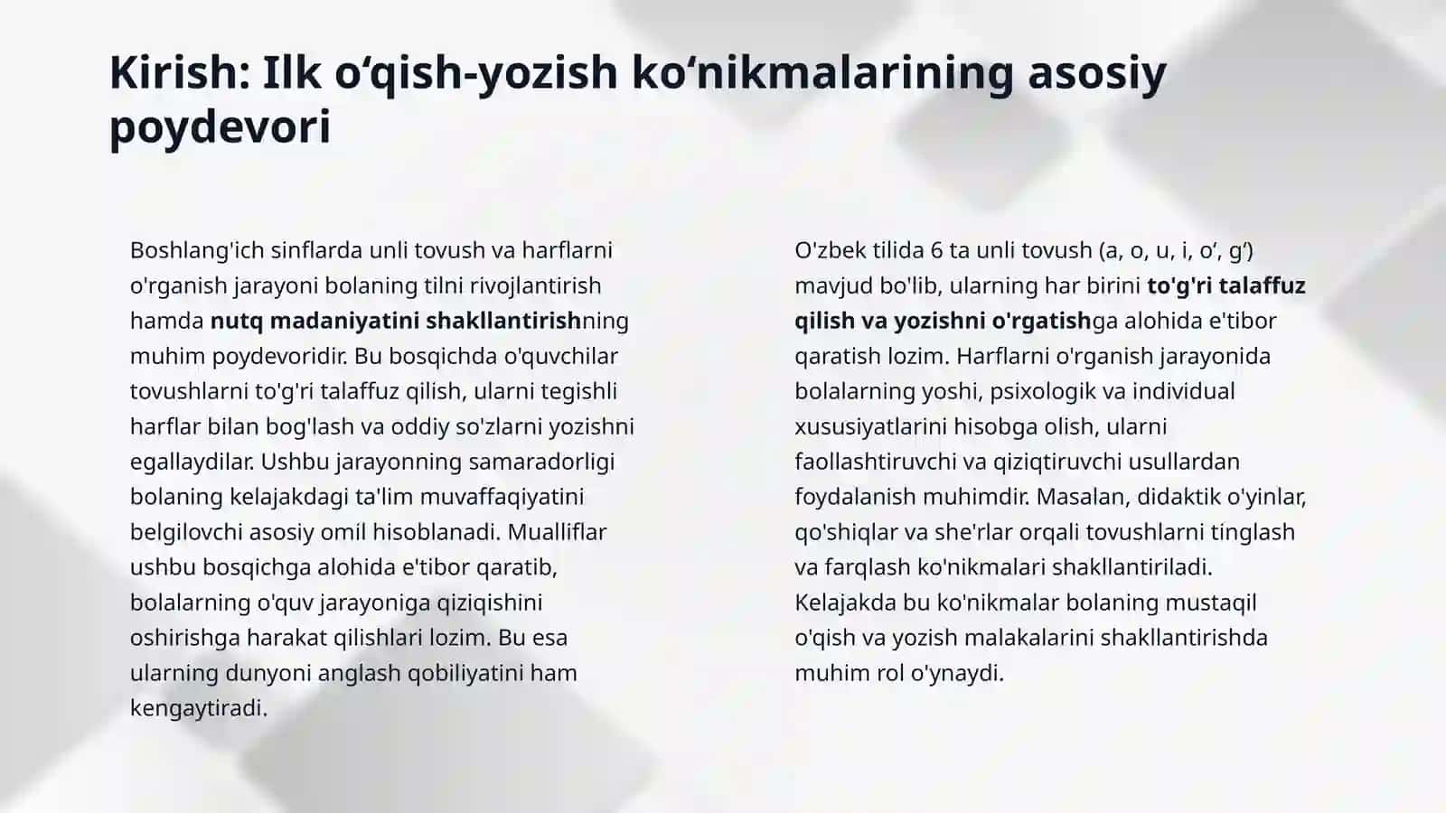 Boshlang'ich sinfda unli tovush va harflarni o'rganish 3
