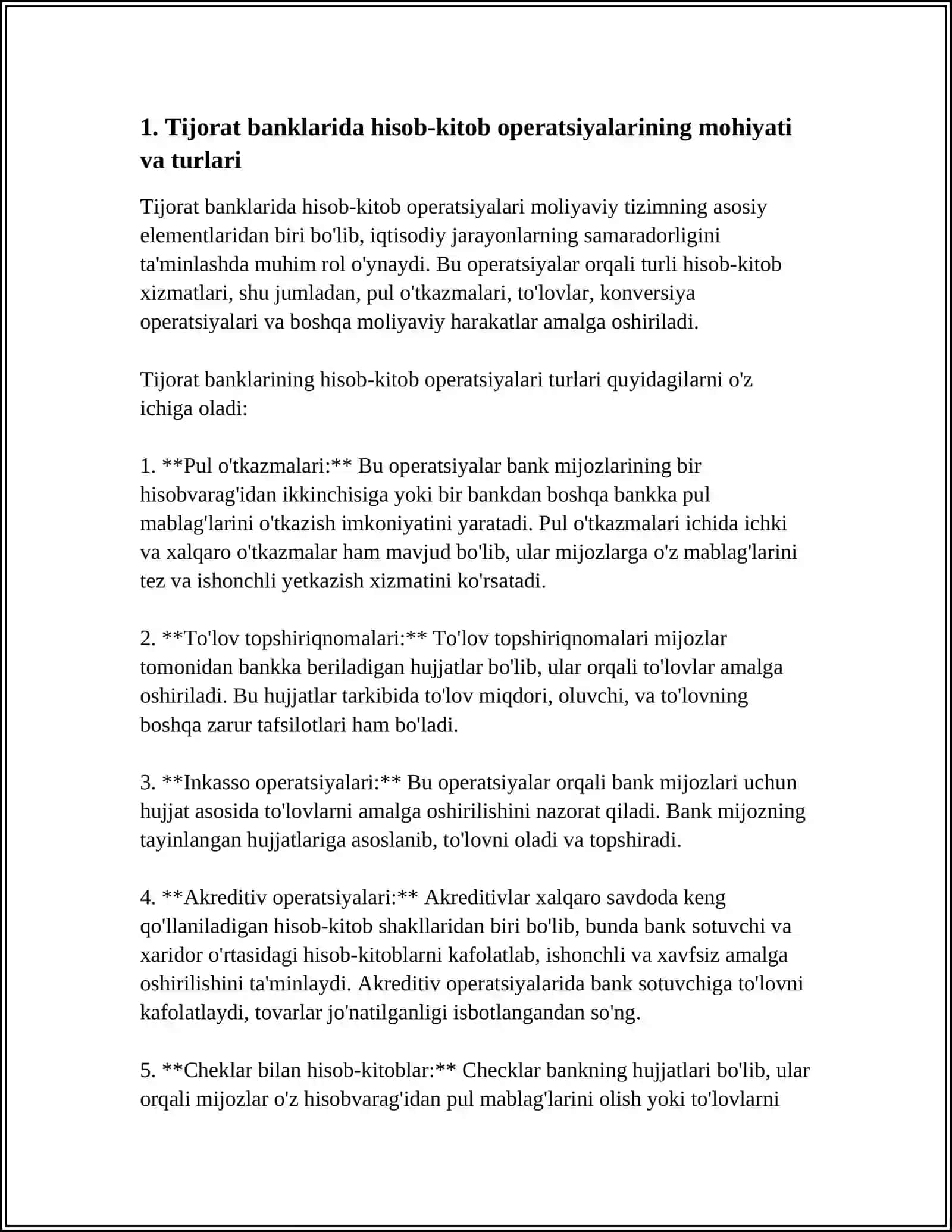 TIJORAT BANKLARIDA HISOB-KITOB OPERATSIYALARINI TASHKIL ETISH VA ULARNING HISOBI 3