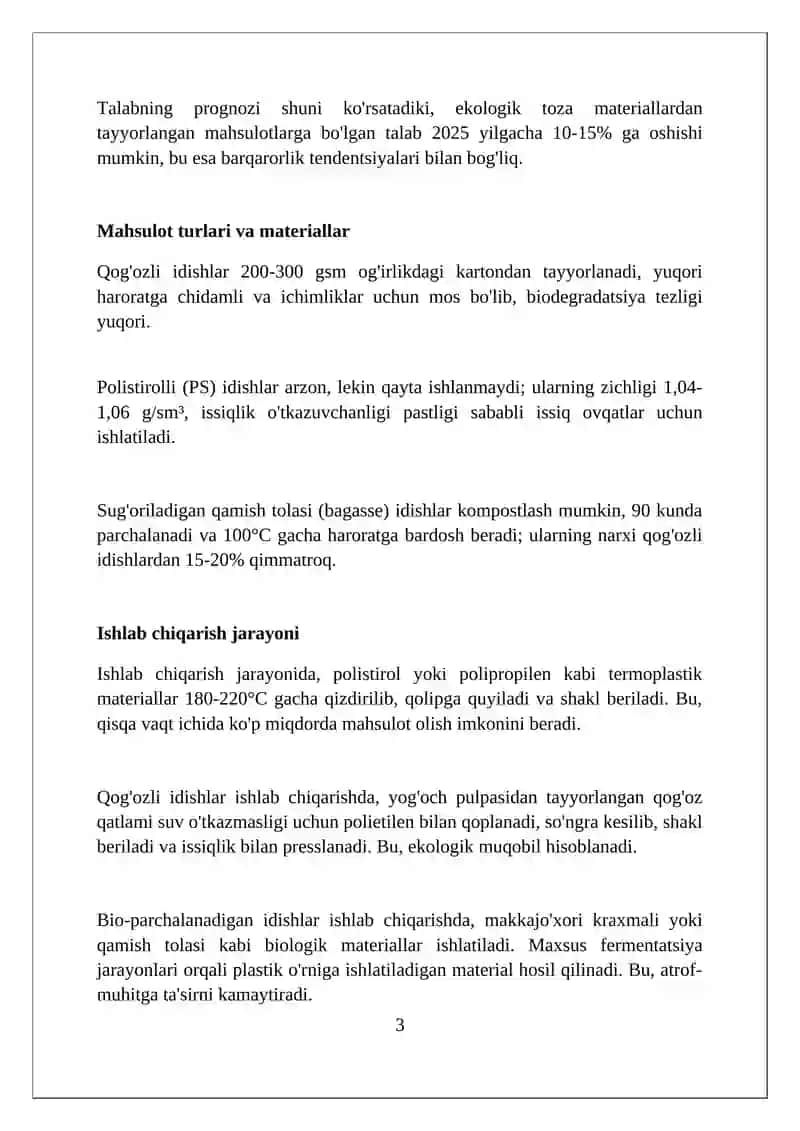 Bir martalik idishlar ishlab chiqarish biznesi 3