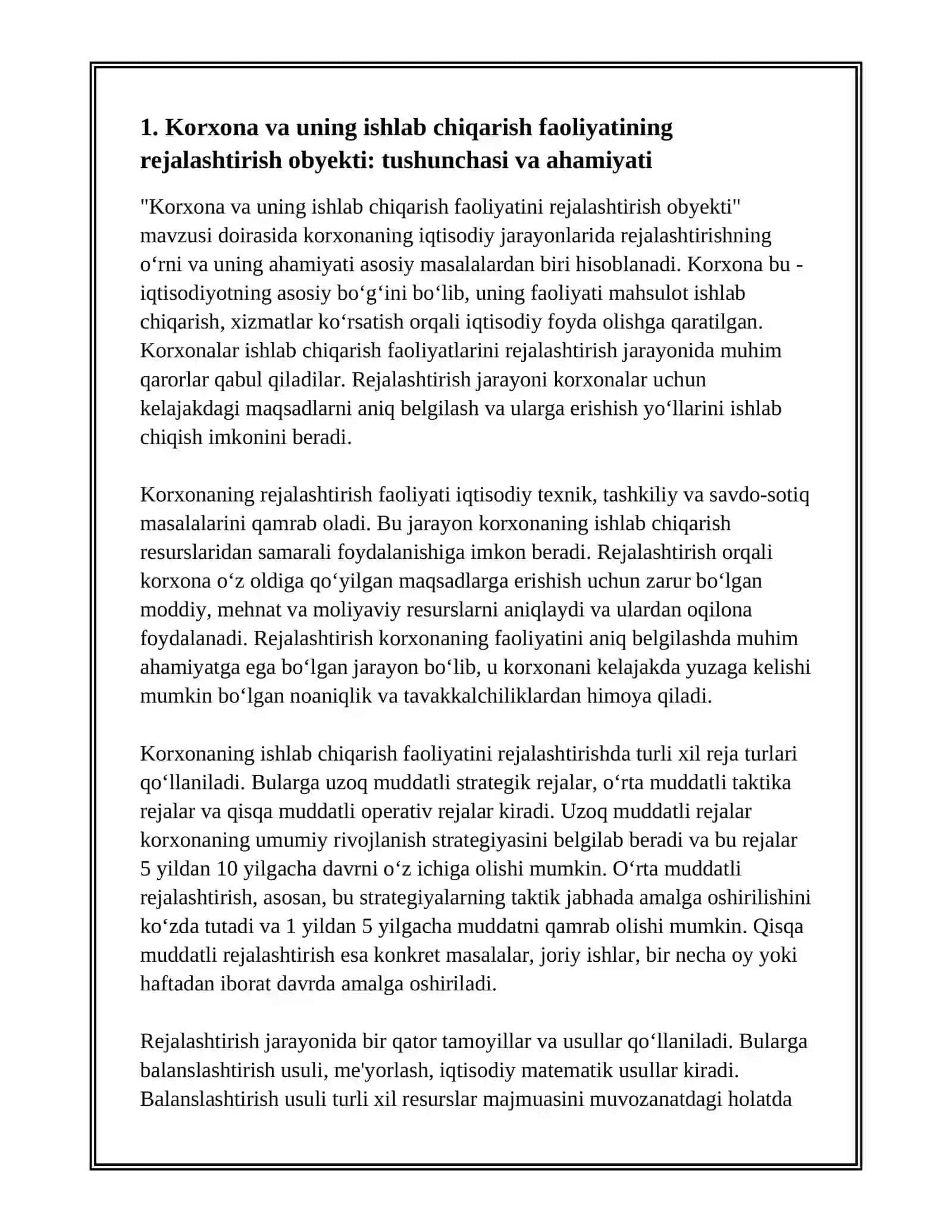 Korxona va uning ishlab chiqarish faoliyatining rejalashtirish obyekti: tushunchasi va ahamiyati 3