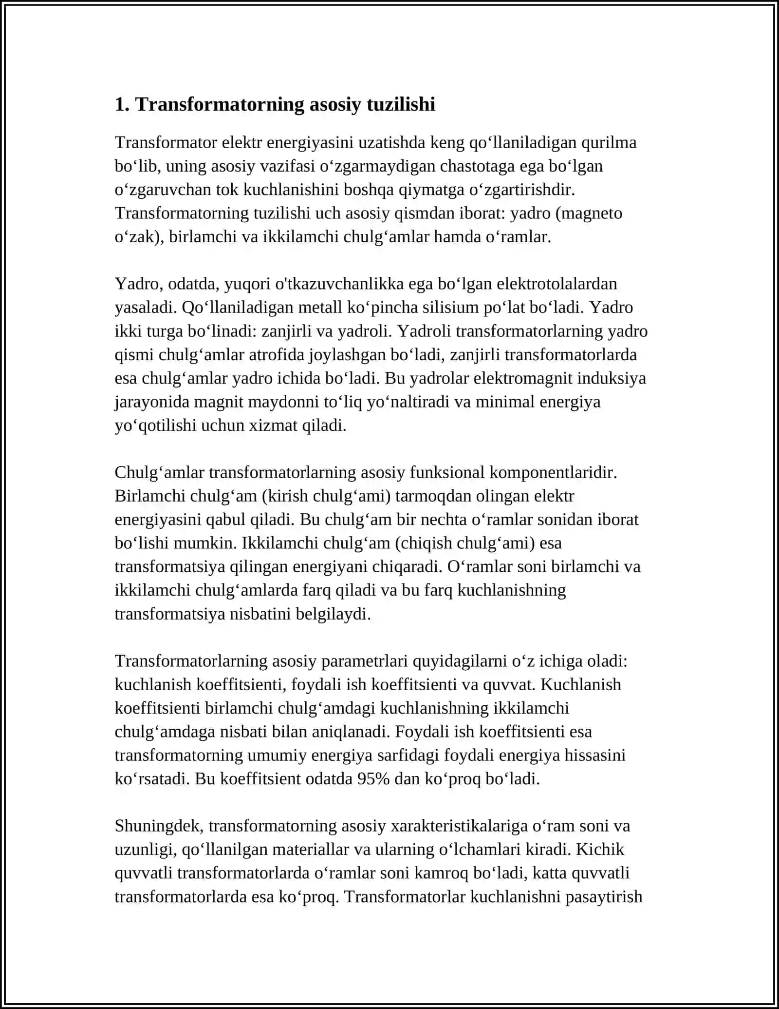 MUSTAQIL ISH Mavzu: TRANSFORMATORLAR TUZILISHI VA ISHLASH PRINSIPI 3