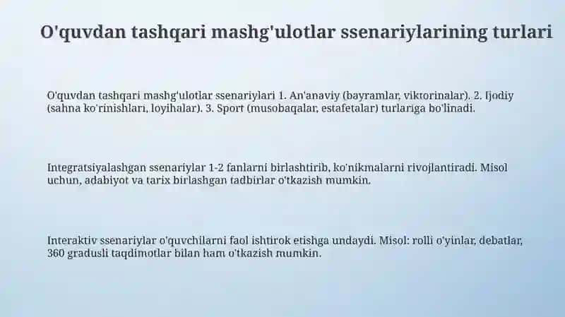 O'quvdan tashqari mashg'ulotlar ssenariylari 3