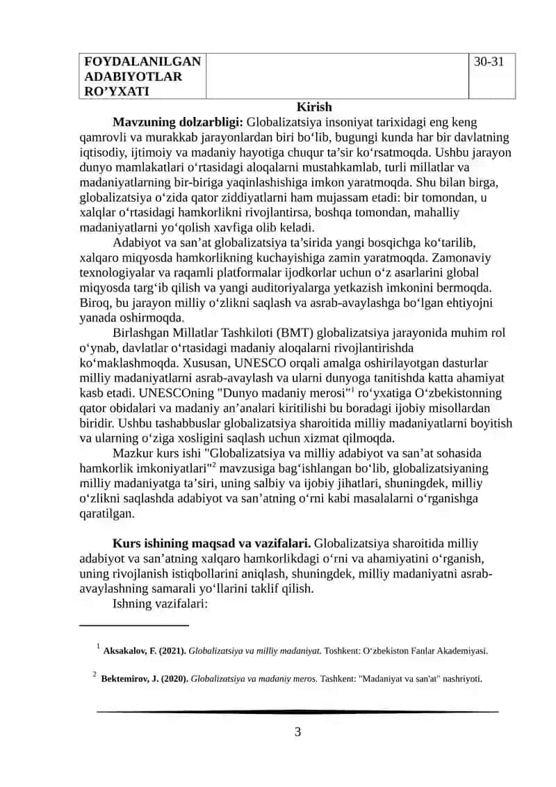 Glaballashuv va milliy madaniy adabiyot va sanat sohalarida hamkorlik imkonyatlari 3