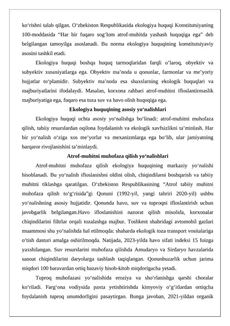 Ekologiya huquqining tushunchasi, yo‘nalishlari, obyektlari tamoyillari 3