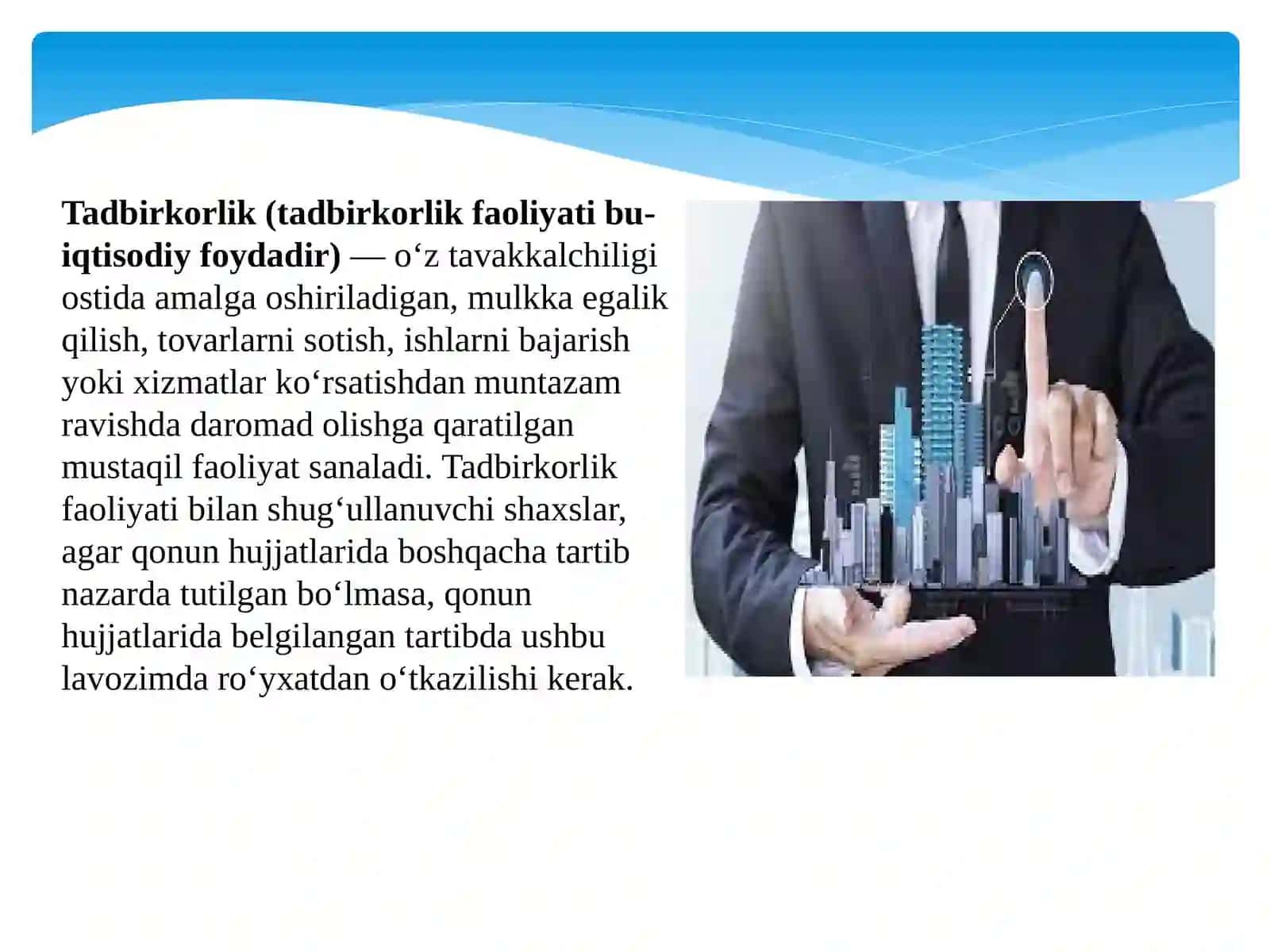 Tadbirkorlik faoliyati yo'nalishlari. Qishloq xo'jalik, moliya, ulgurji va chakana savdo xizmatlari 3