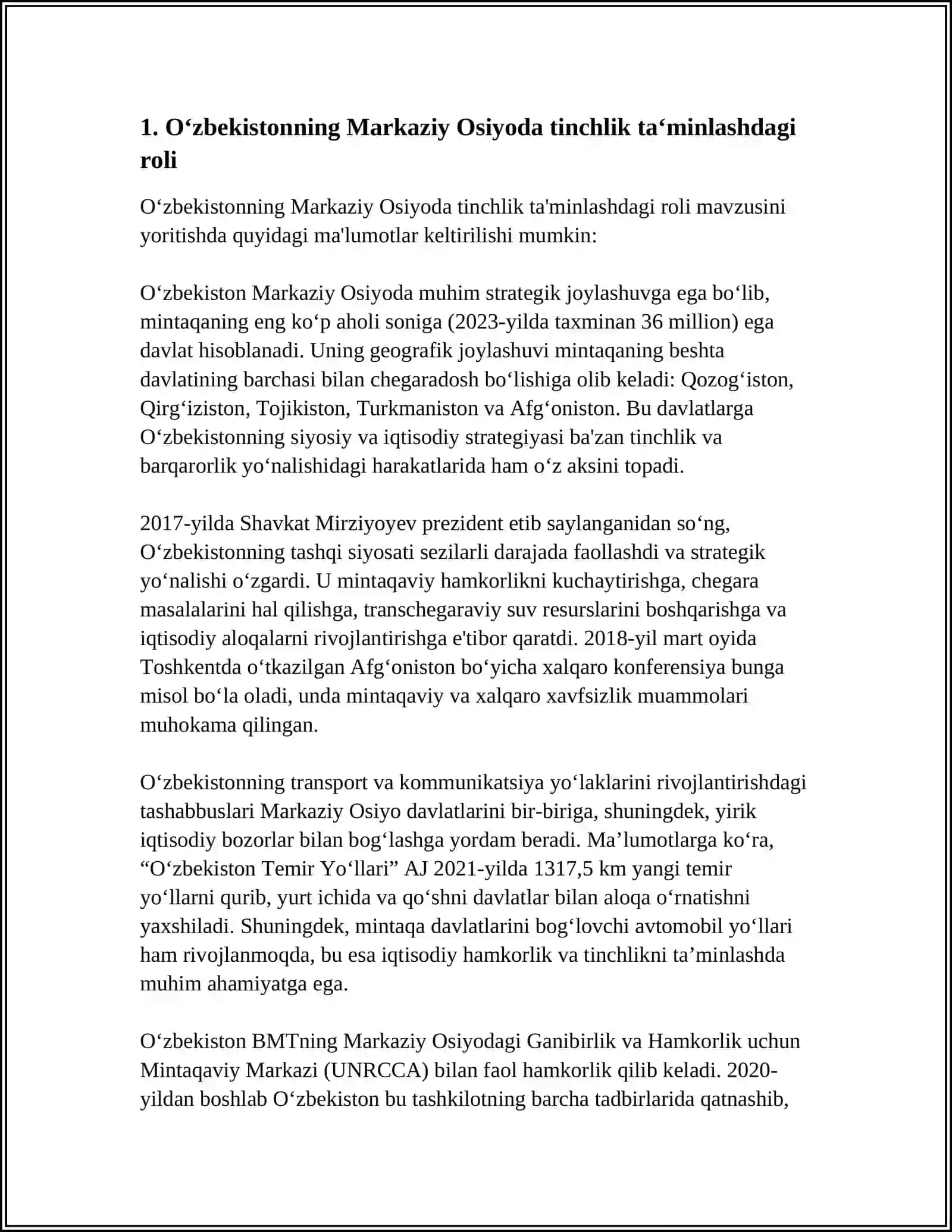O‘zbekistonning Markaziy OSIYODA TINCHLIK VA BARQARORLIKDAGI TUTGAN O‘RNI 3