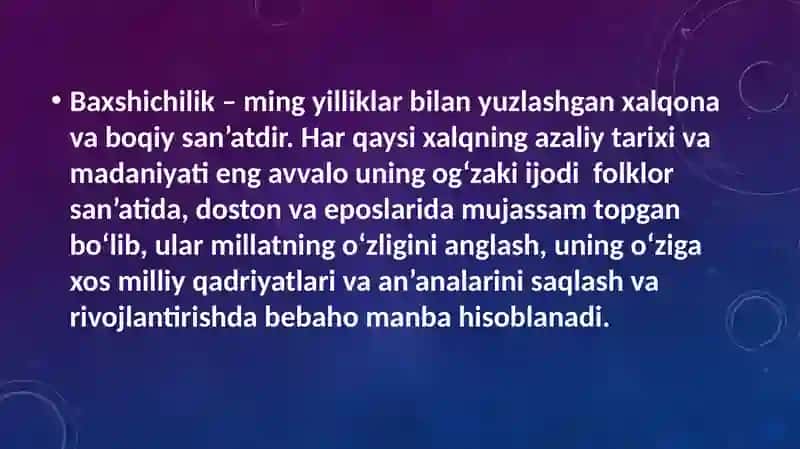 YUNESKO shafeligida oʼtkaziladigan "Baxshichilik sanʼati festivali" mavzusi uchun taqdimot 3