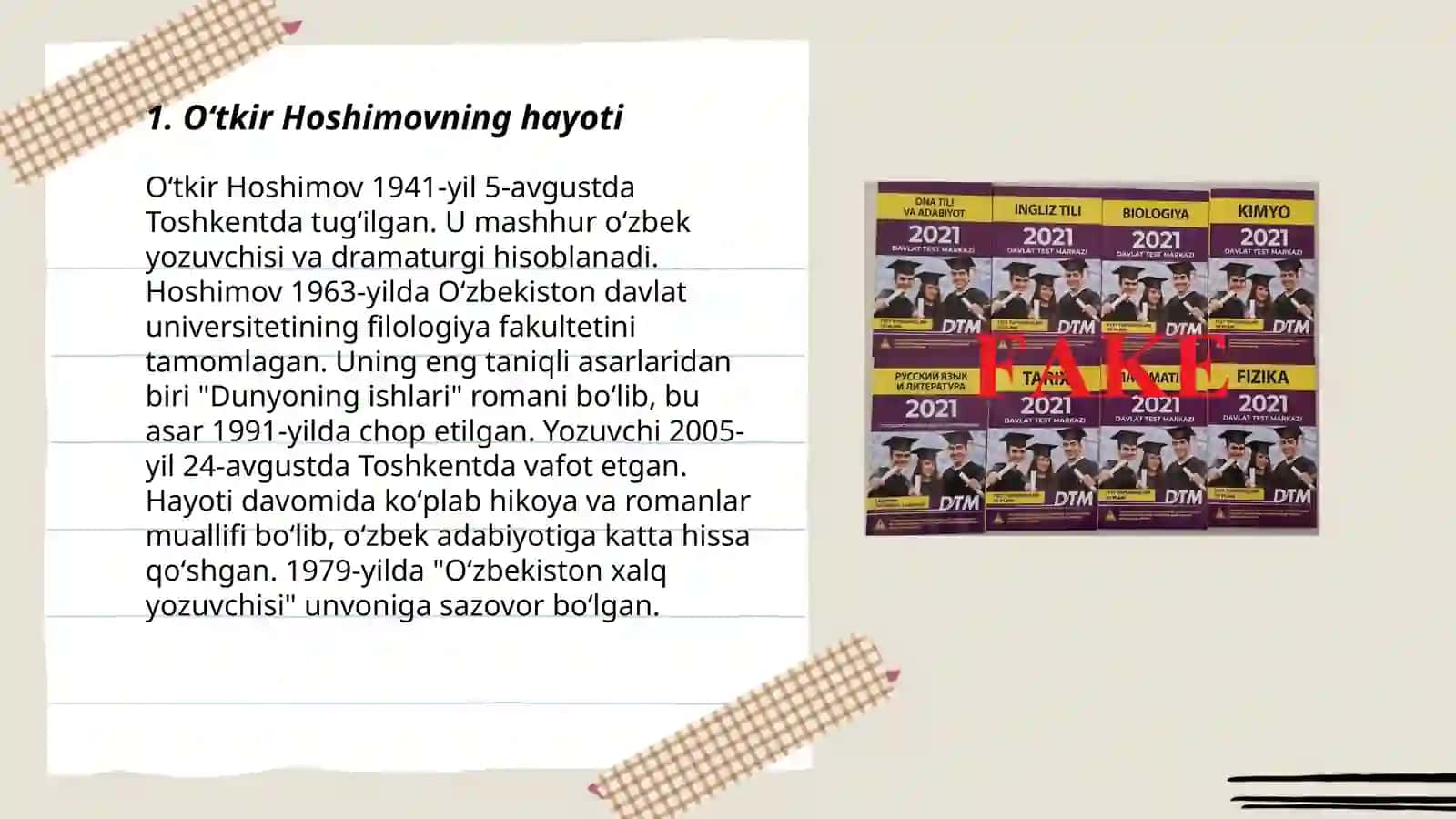 Oʻtkir Hoshimov: “Dunyoning ishlari” qissasidan bob: Muallif hayoti va ijodi. “Asarni oʻqishga tayyorlanamiz” bosqichi topshiriqlari bilan ishlash 3