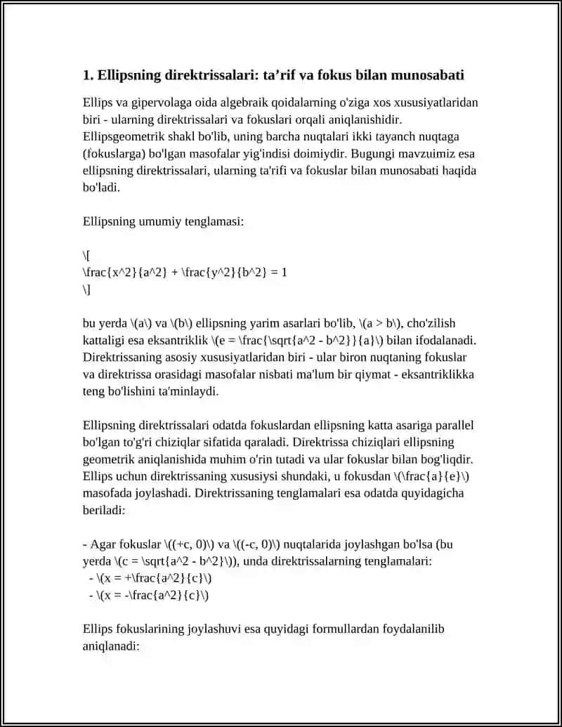 Ellips va Giperbolaning Direktrissalari 3