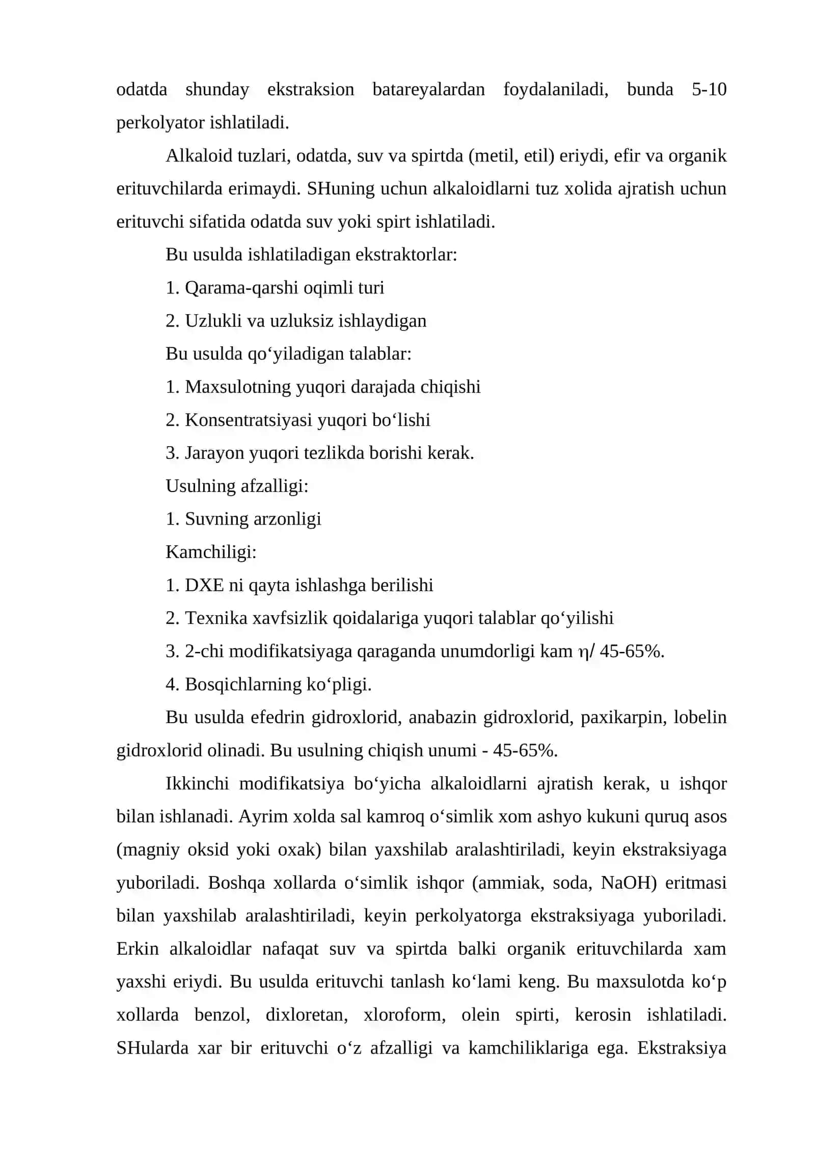 O‘simliklardan alkaloidlarni ajratish usullari. Tuzlar, erkin asoslar ko‘rinishidagi ekstraksiya 3