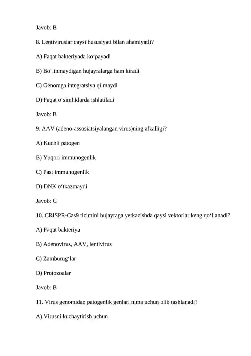 VIRUSLAR VA GEN INJENERIYASI – 30 TA TEST (JAVOBI BILAN) 3