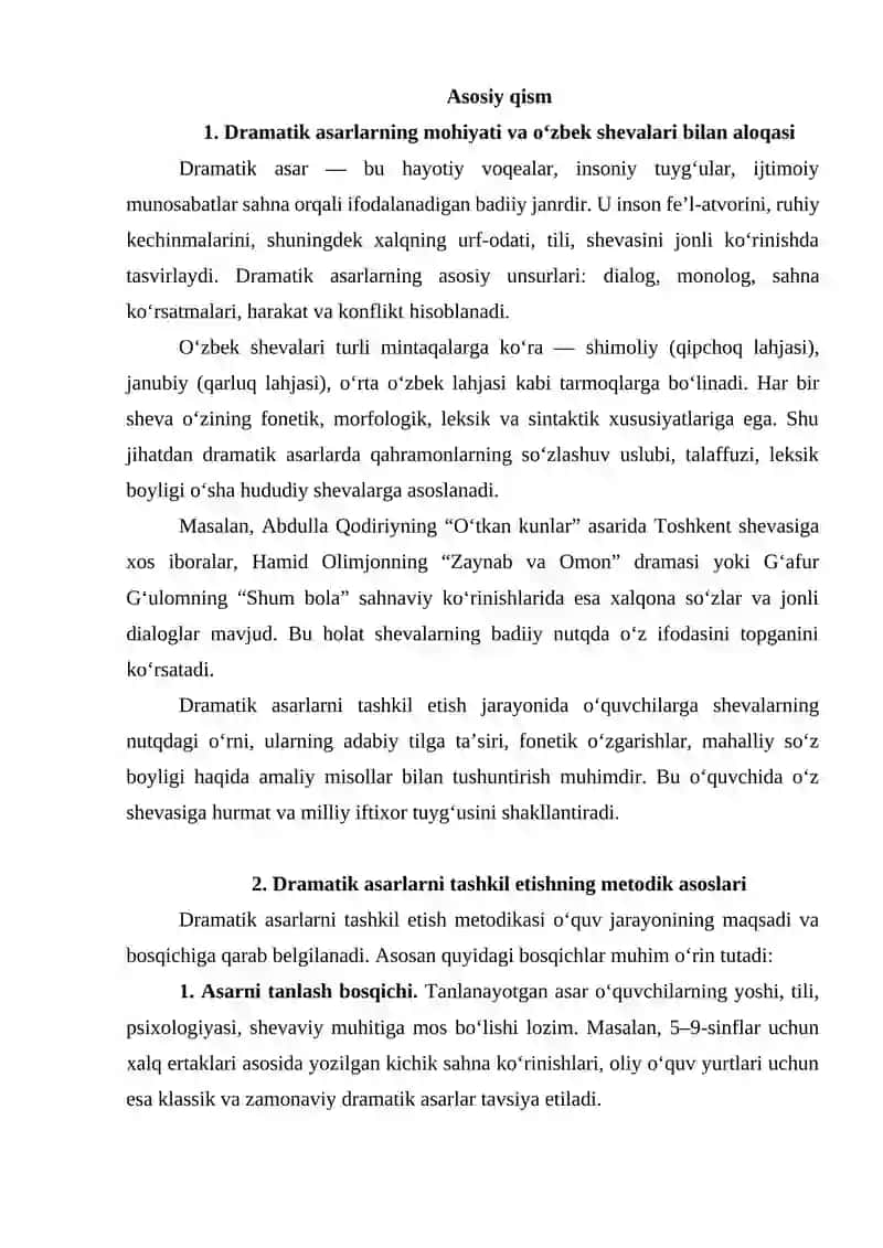 Dramatik asarlarni tashkil qilish metodikasi 3