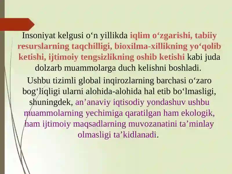 “Yashil iqtisodiyot” faninig predmeti va vazifalari. 3