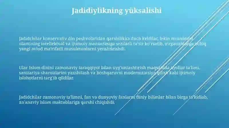 Jadid ma'rifatparvarlarining o‘lka ijtimoiy-ma‘naviy hayotida tutgan o‘rni (XX asr boshlari) 3
