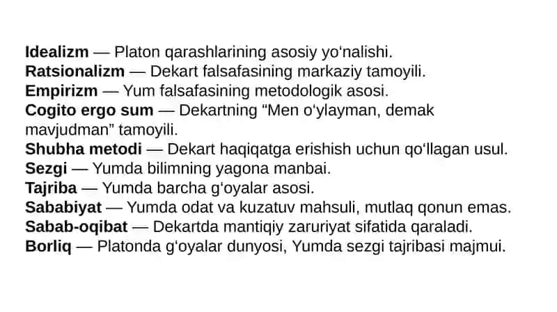 Yevropa mutafakkirlari Platon, Boetsiy, R.Dekart, D.Yumning falsafaga oid qarashlarini qiѐsiy tahlili. 3