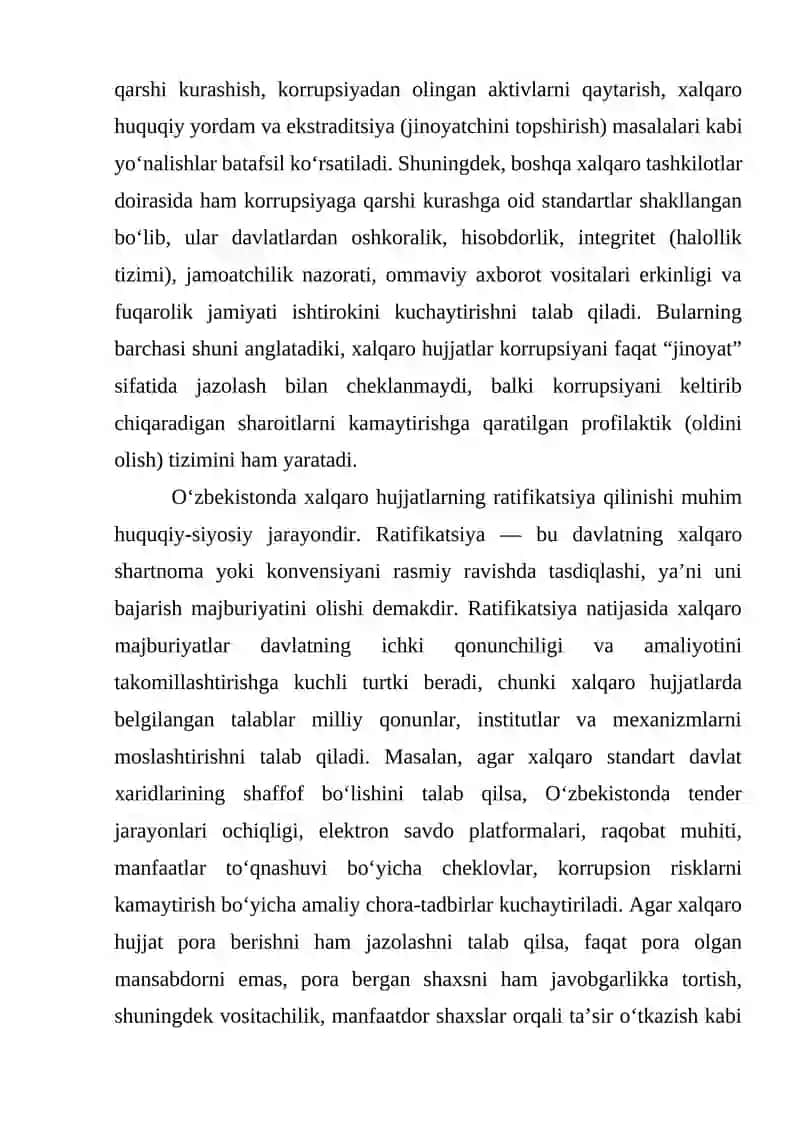 Korrupsiyaga qarshi kurash bo‘yicha xalqaro qonunlar va qarorlarning O‘zbekistonda ratifikatsiya qilinishining ahamiyati, iqtisodiy-siyosiy va ijtimoiy-huquqiy mexanizmlari 3