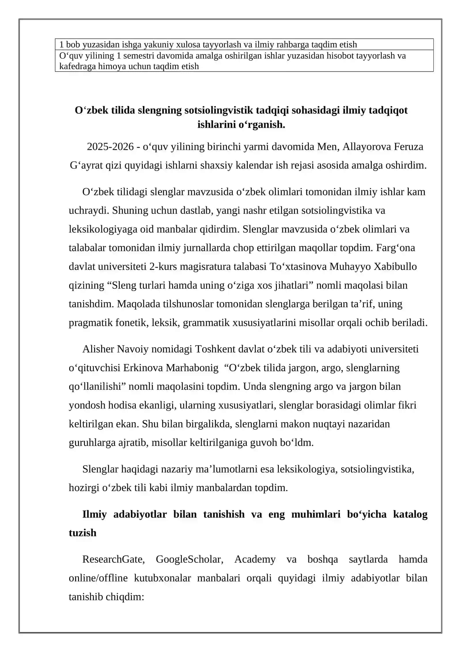 Magistratura 1-kurs talabasining 1-semestrdagi bajaradigan ilmiy tadqiqot ishlari jadvali 3