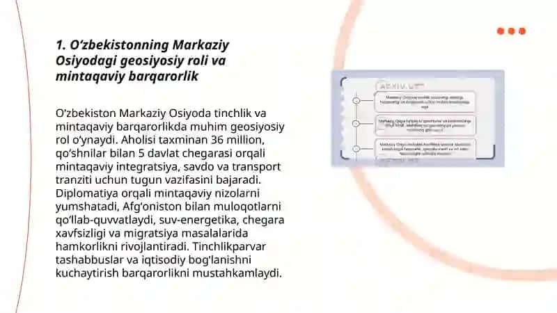 Oʻzbekistonning Markaziy Osiyoda tinchlik va barqarorlikni taʼminlashdagi oʻrni 3