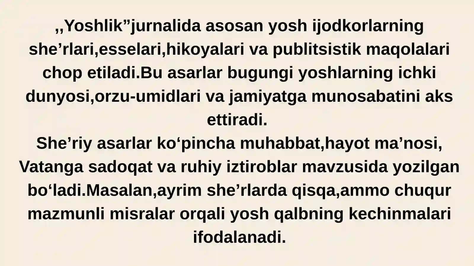 Yoshlik jurnalidagi yangi asarlarga munosabat bildirish. 3