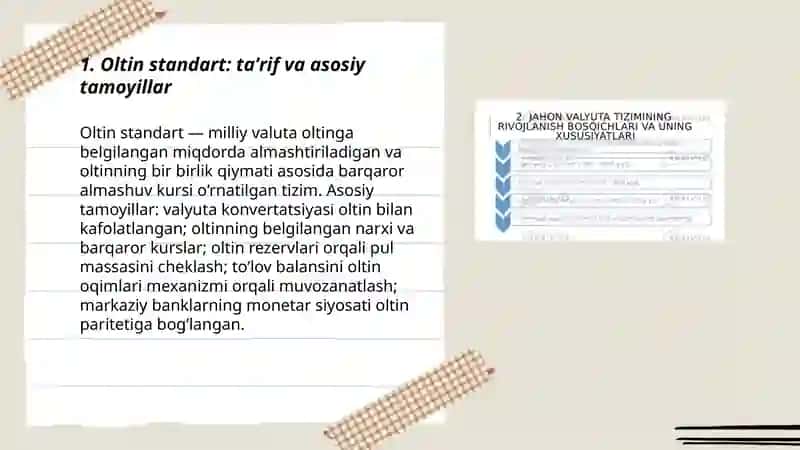 Jahon Valyuta tizimining rivojlanish bosqichlari:oltin standart oltin devinli va suzib yuruvchi Valyuta tizimi 3